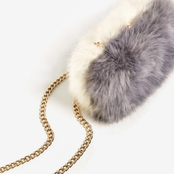 Zara Faux Fur Mini Clutch Bag Gray Cream NWT - Picture 1 of 5